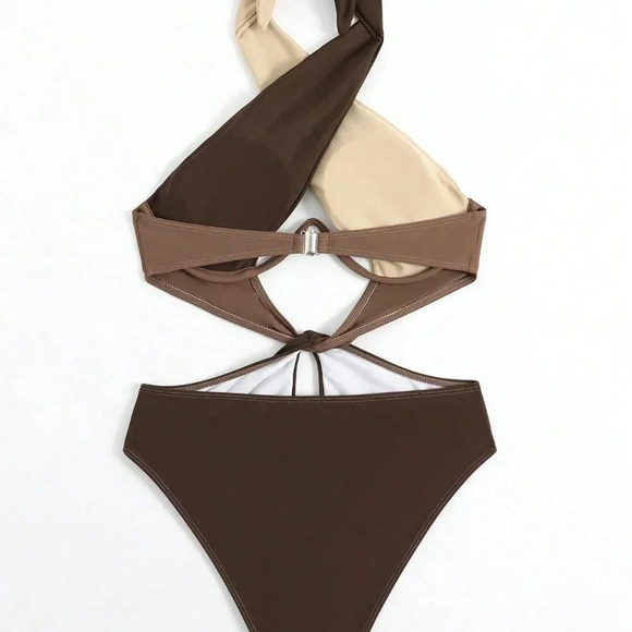 Multicolor Women's Beach Colorblock Criss Cross Halter One-Piece Swimsuit - Picture 2 of 6